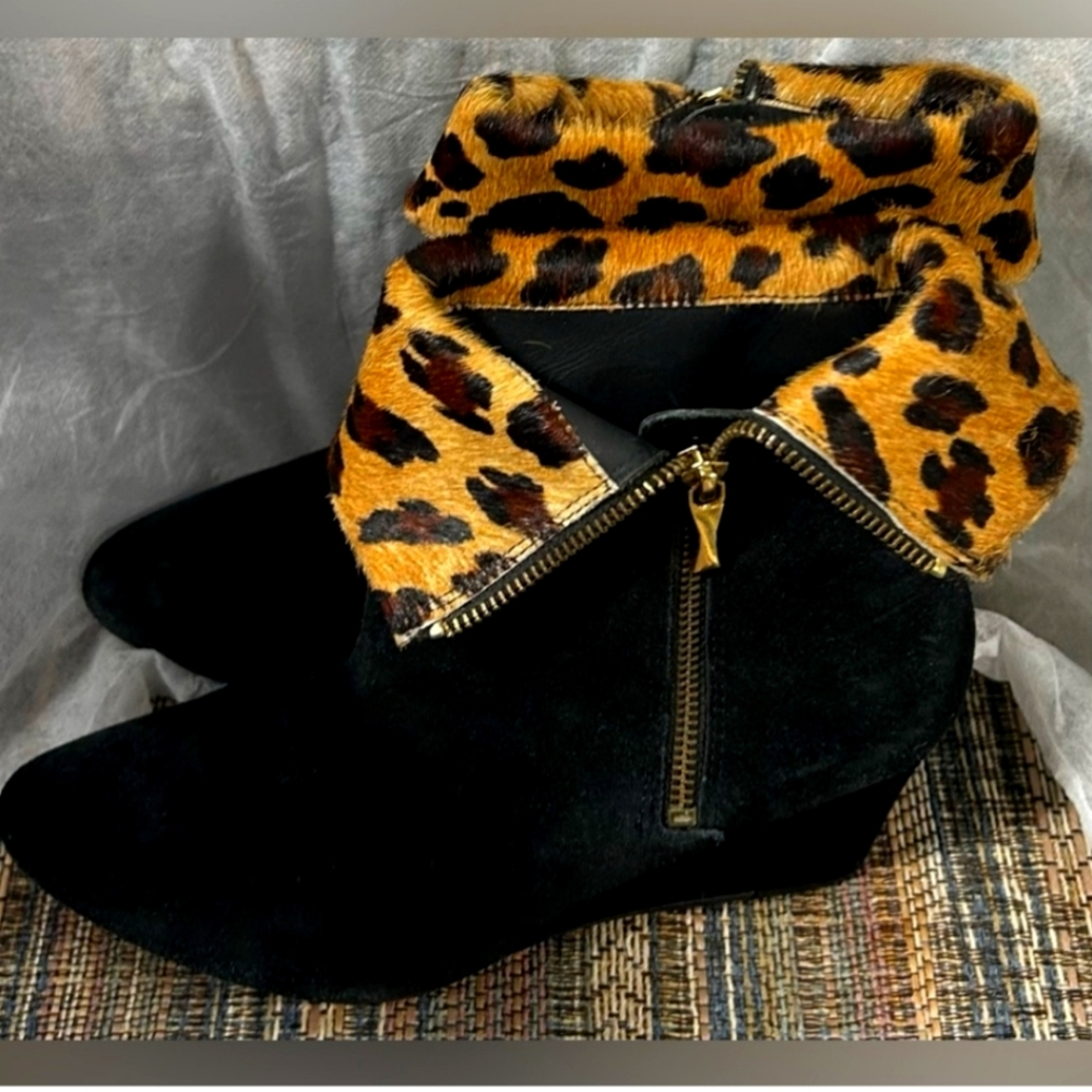 Kate Spade "roughout" calf hide wedge booties with leopard print